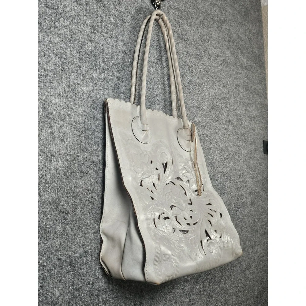 Patricia Nash Light Gray Tooled Cutout Floral Tote Bag Southwestern Minimalist